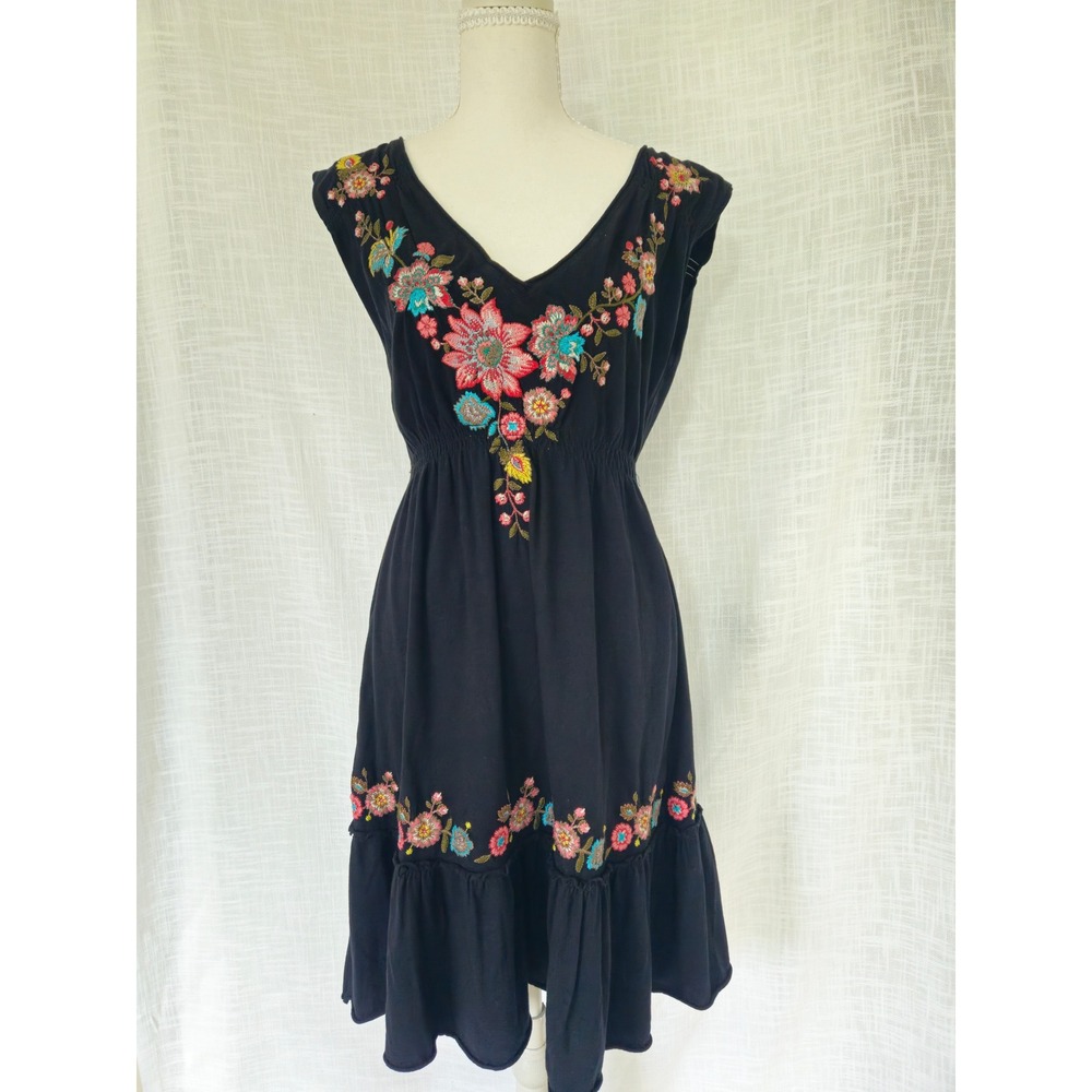 Johnny Was Floral Embroidered Dress Women S Black Boho Cottagecore Peasant Folk